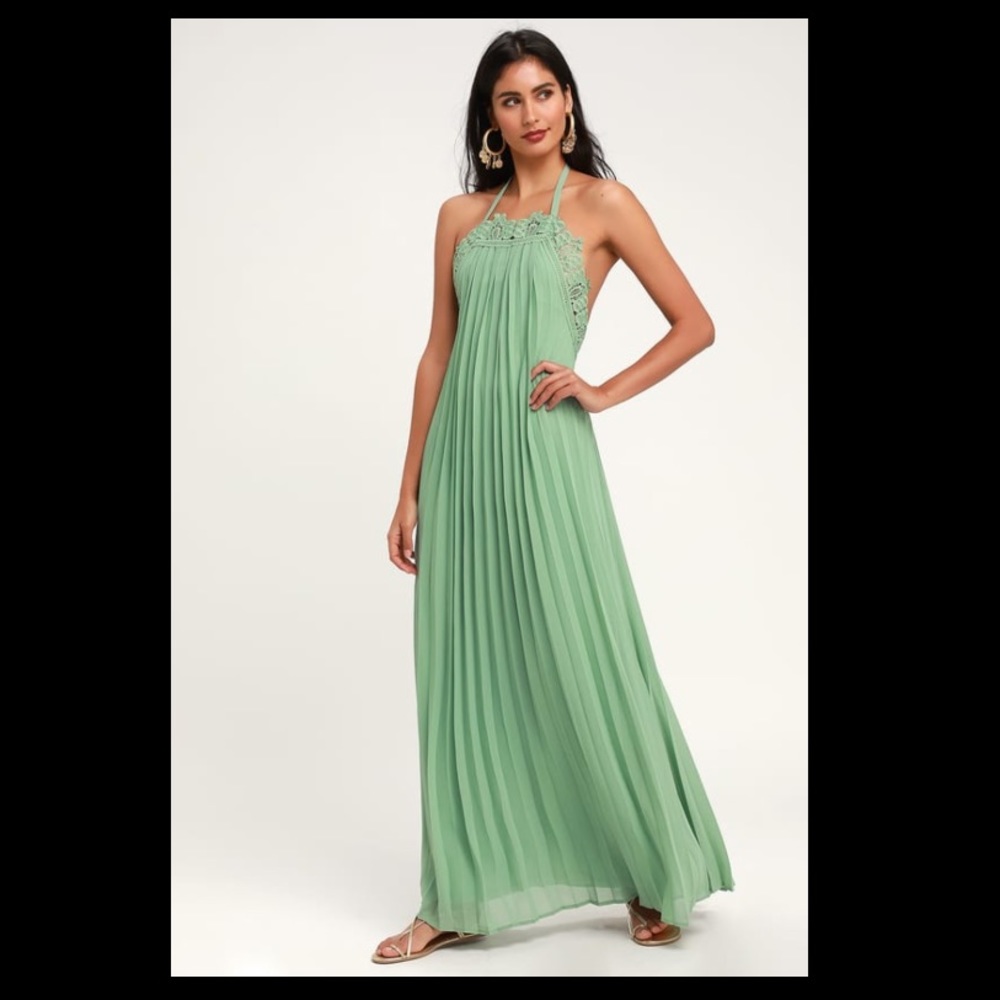 ENCINITAS SAGE GREEN LACE PLEATED HALTER Dress